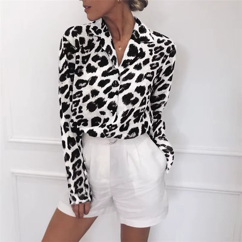 Leopard Print Blouse Turn down Collar 